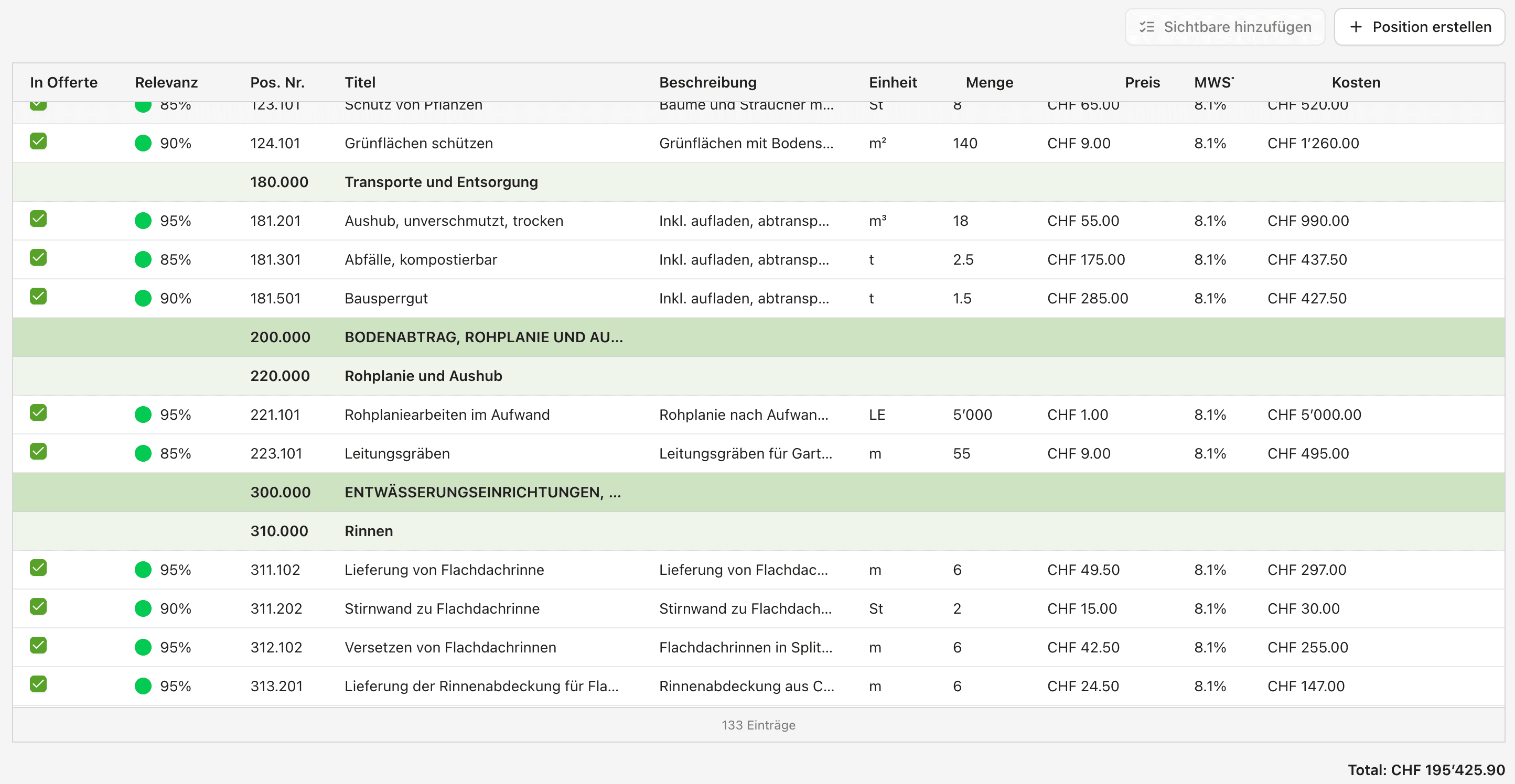 Screenshot der Devisieren App mit dem Offerten-Editor